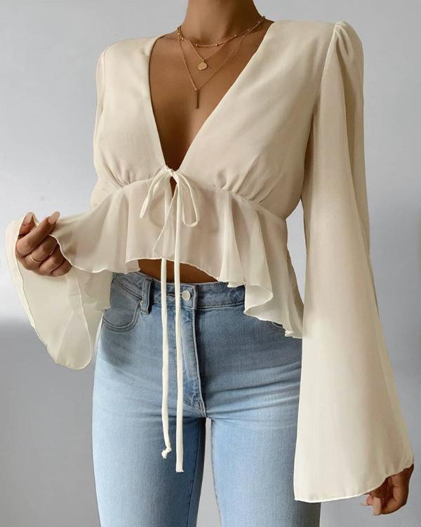 Solid Bell Sleeve Ruffles Blouse