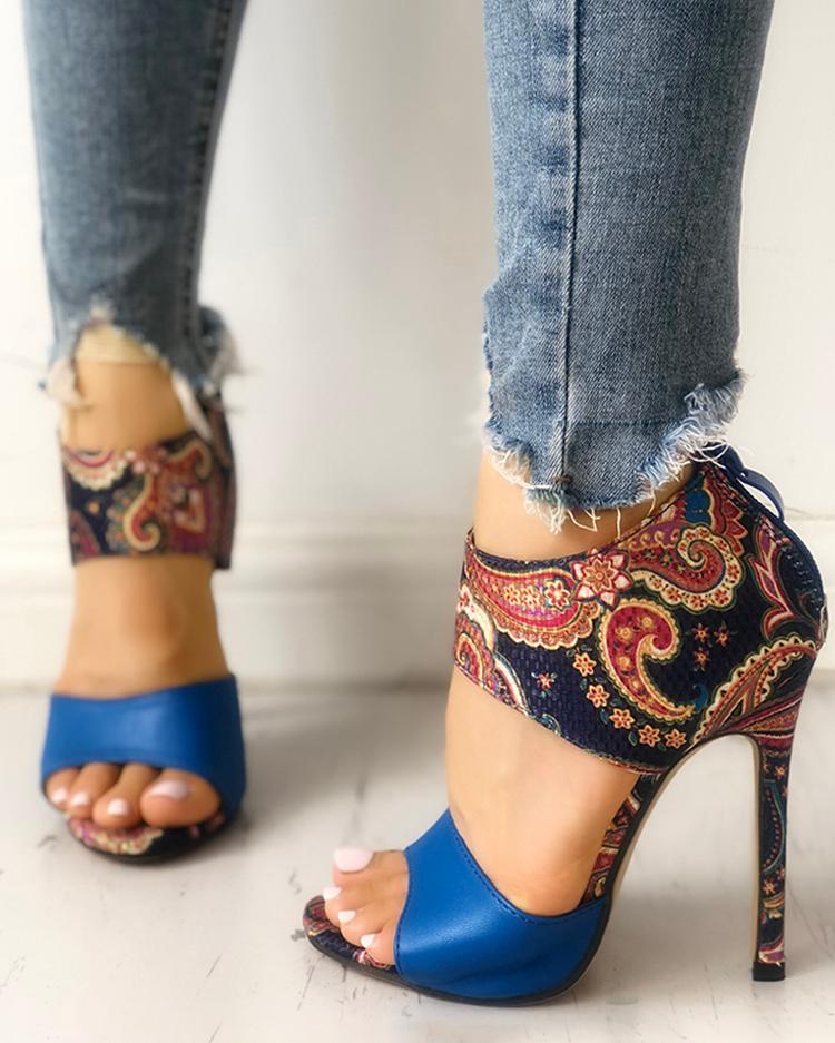 Outlet26 Ethnic Style Open Toe Thin Heeled Sandals blue
