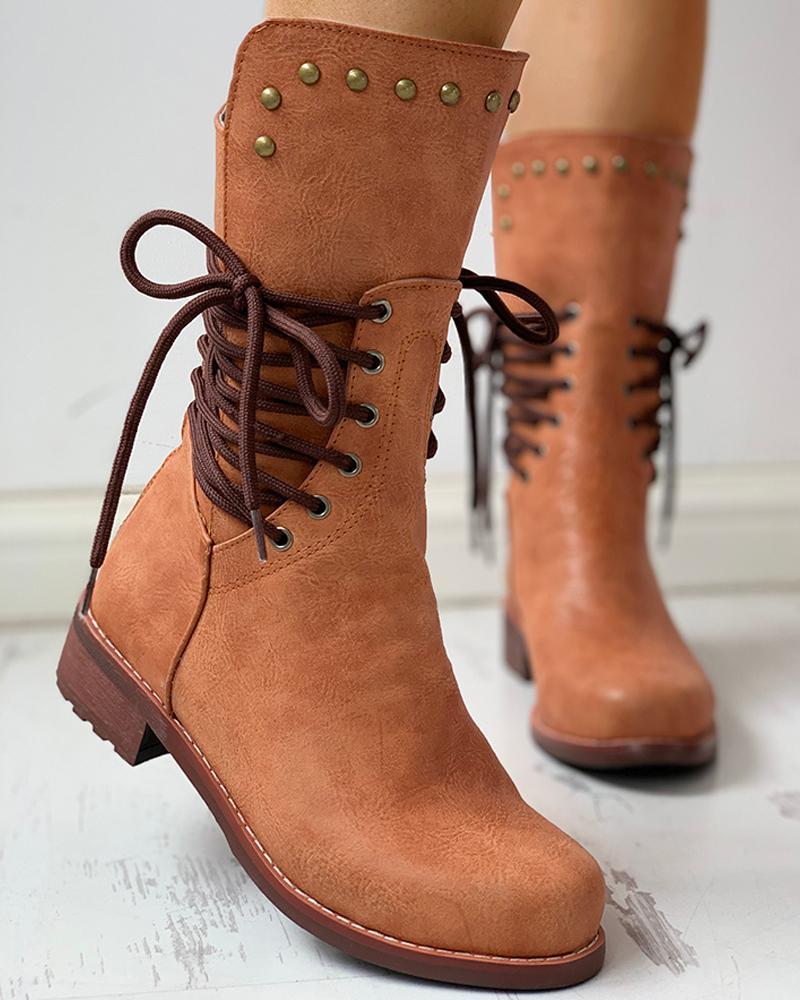 Outlet26 Solid PU Lace-Up Chunky Heeled Boots brown