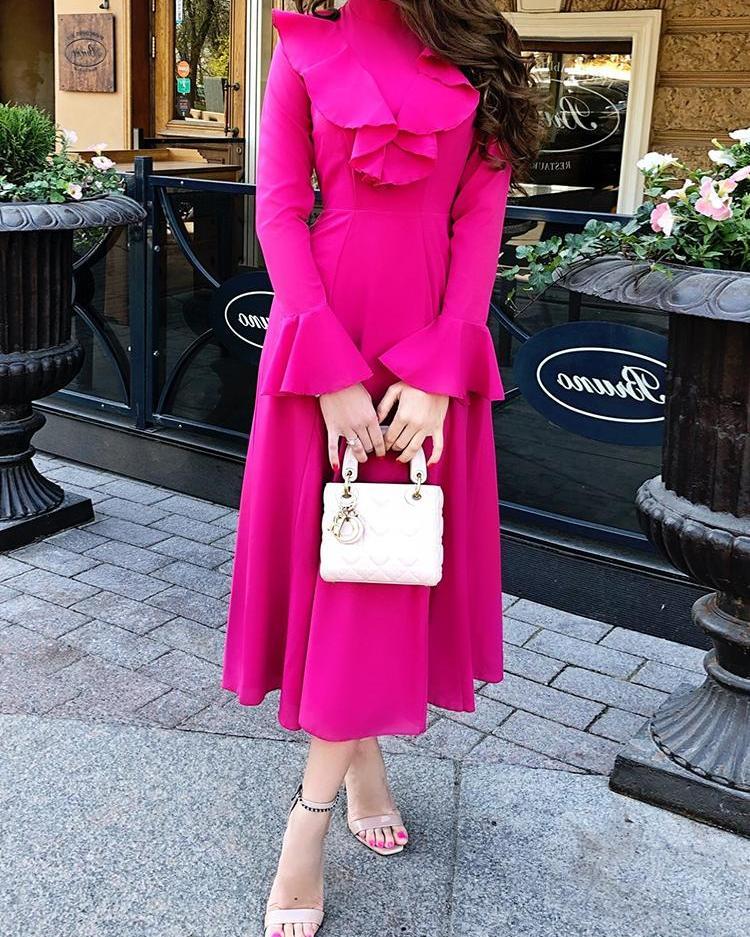 Solid Ruffles Decorated Bell Sleeve Dress