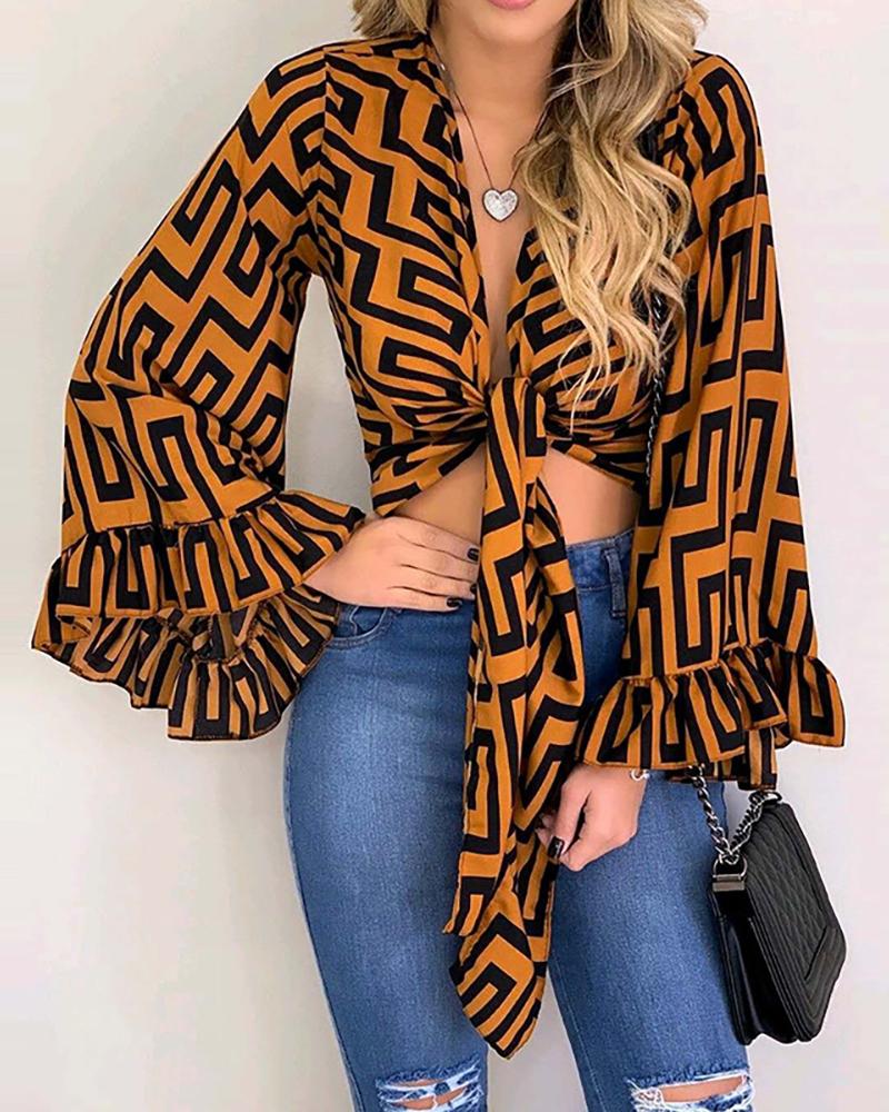 Grid Print Knotted Ruffles Bell Sleeve Blouse