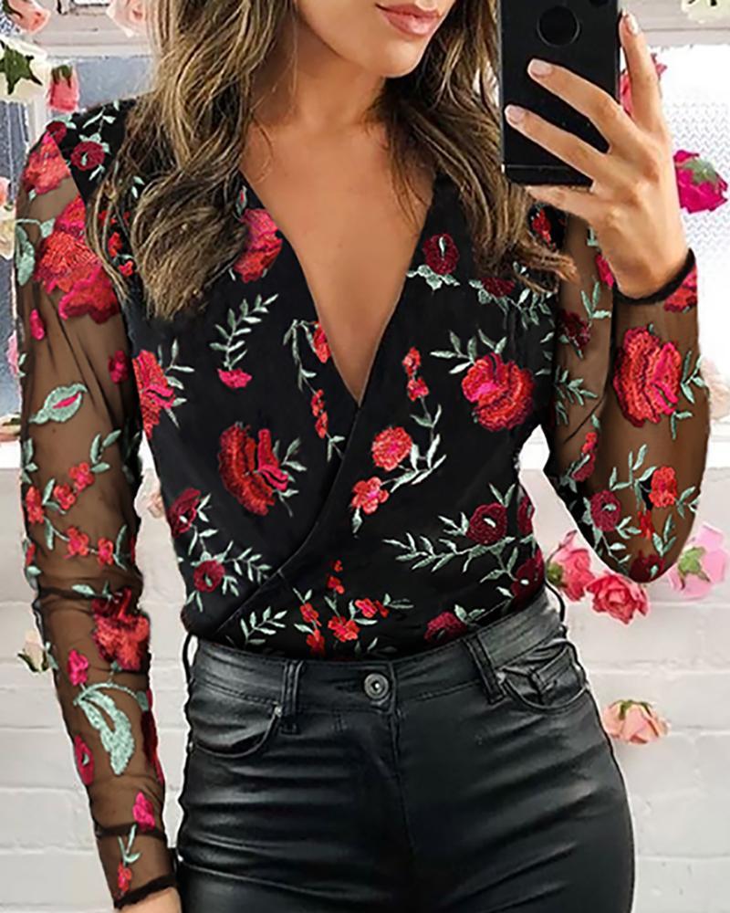 Mesh Floral Embroidery Plunge Blouse