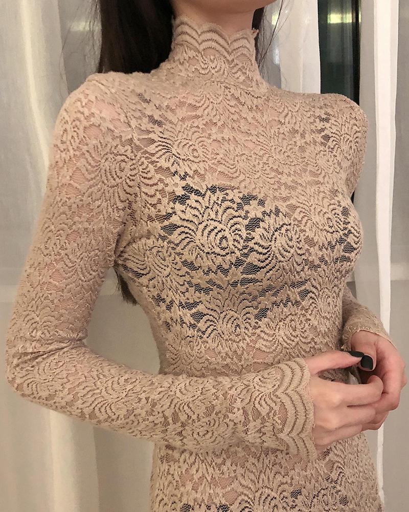 High Neck Mesh Lace Pattern Top