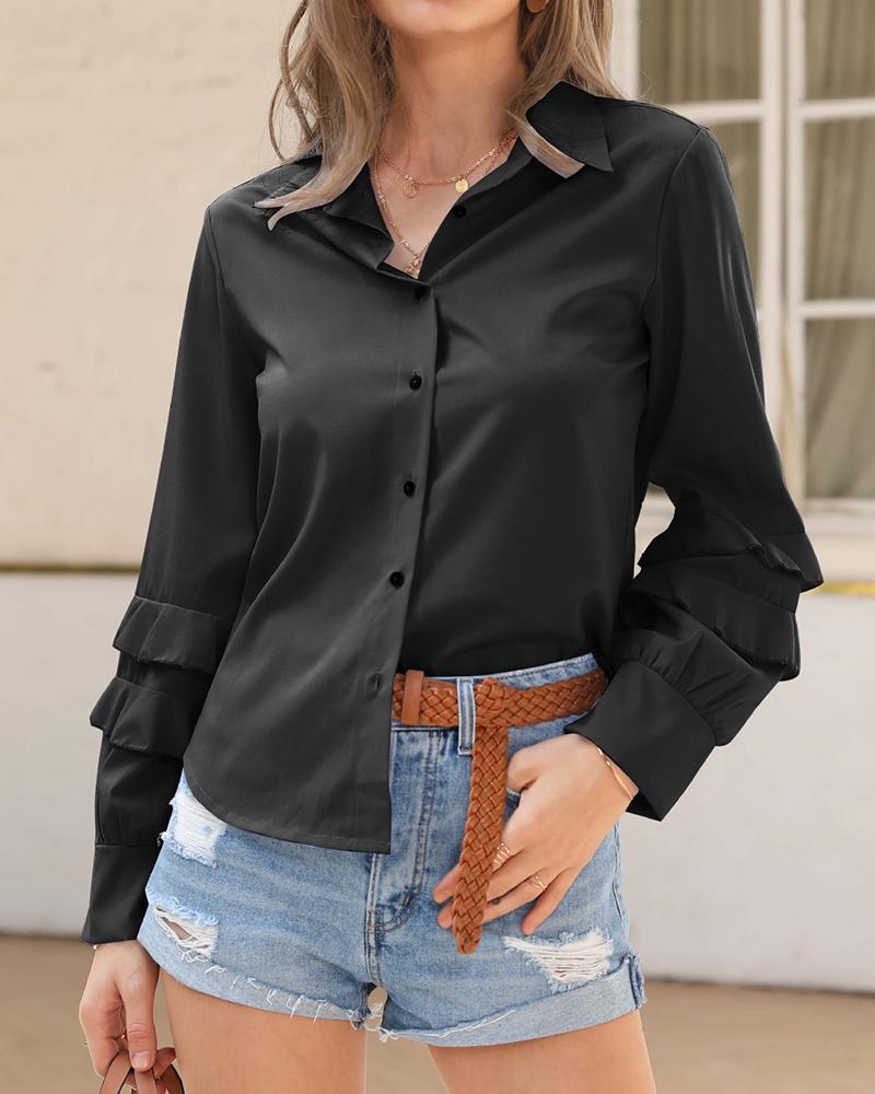 Outlet26 Solid Button Ruffle Sleeve Blouse black