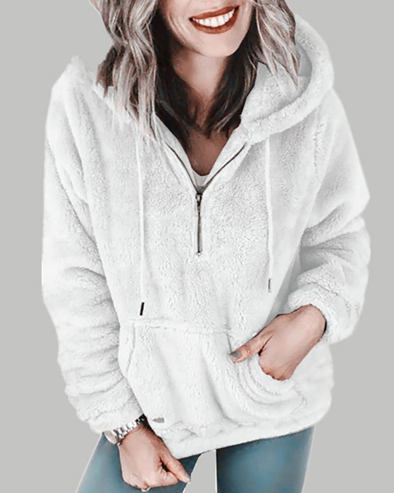 Hooded Zipper Design Drawstring Fluffy Sweatshirt
