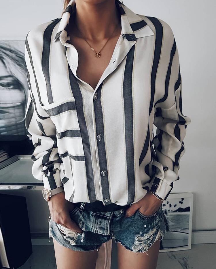 Fashion Women Buttoned Stripe Print Blouse