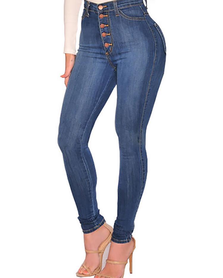 Outlet26 Button Fly High Waist Skinny Jeans blue