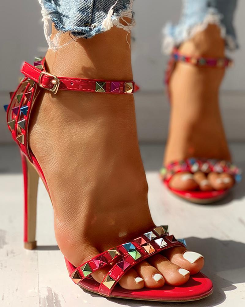Glitter Studded Ankle Buckled Thin Heeled Sandals