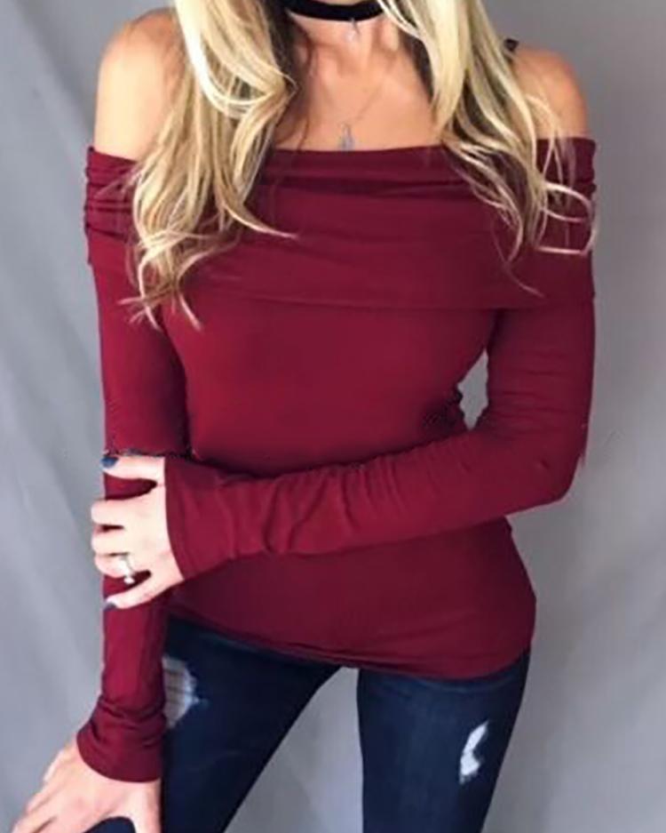 Solid Off Shoulder Fold-Over Casual Blouse
