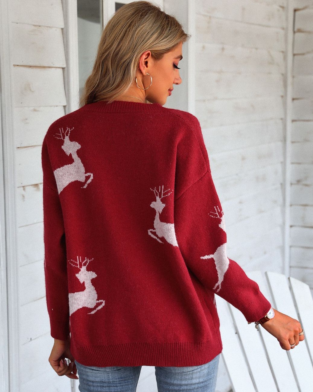 Christmas Reindeer Print Long Sleeve Ugly Sweater
