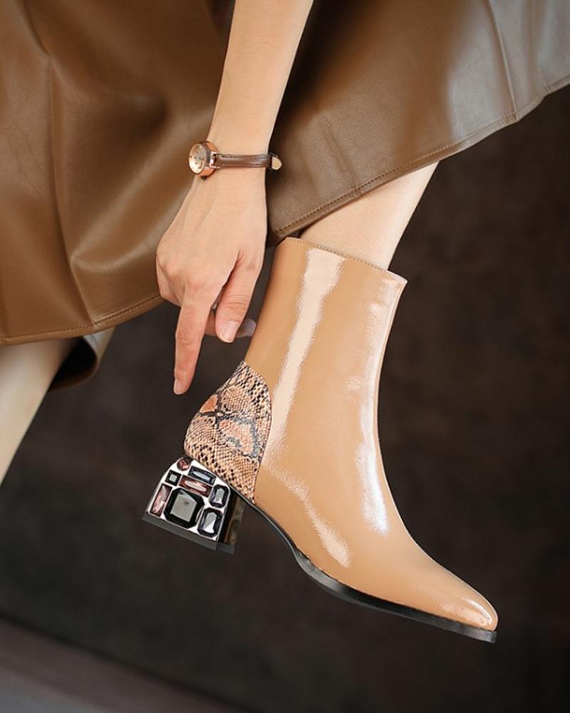 Square-toe Lacquered Leather Splicing Snakeskin Print Chelsea Boots