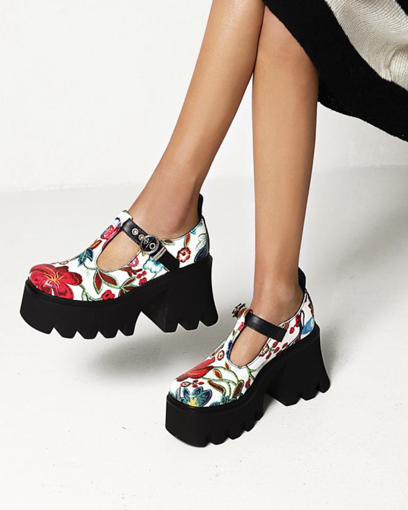 Chic Ladies Floral Print Square Toe T-strap Hollow-out Shoes