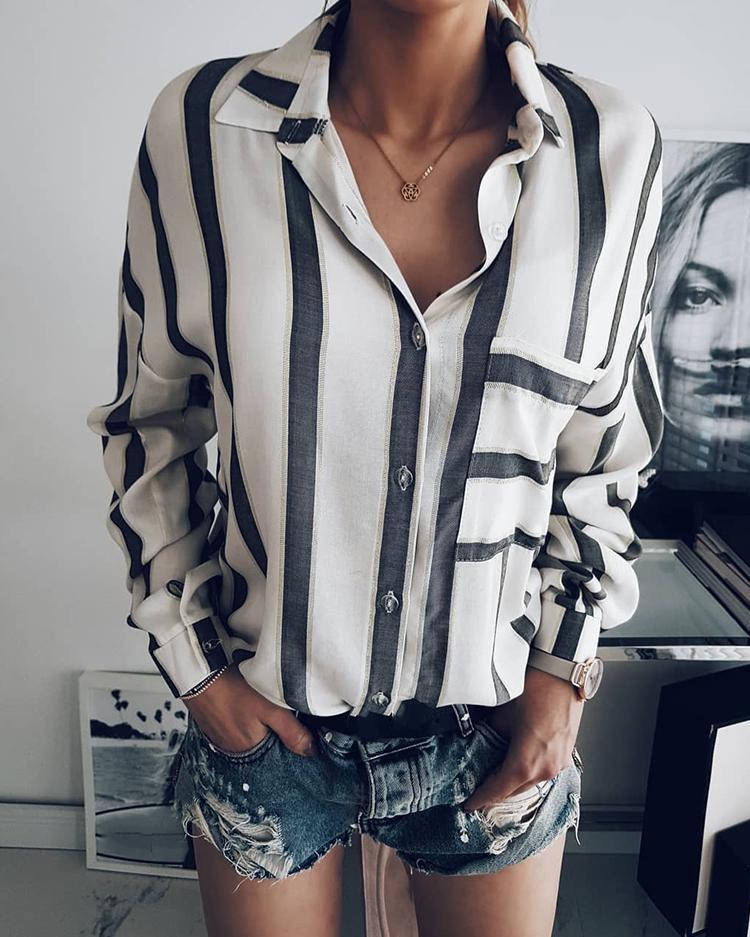 Fashion Women Buttoned Stripe Print Blouse