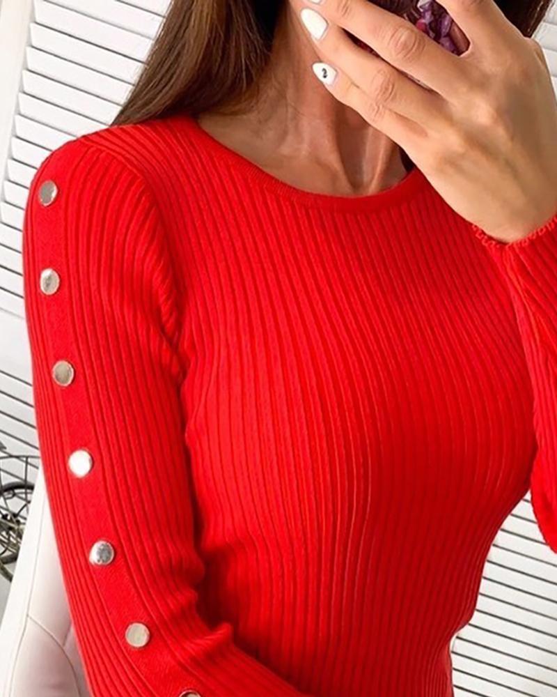 Solid Ribbed Round Neck Buttoned Detail Sweater