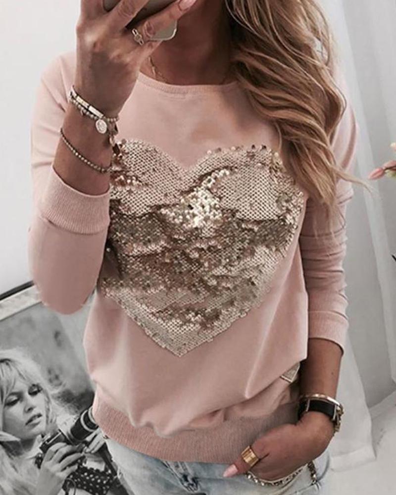 Outlet26 Sequins Heart Pattern Round Neck Blouse pink