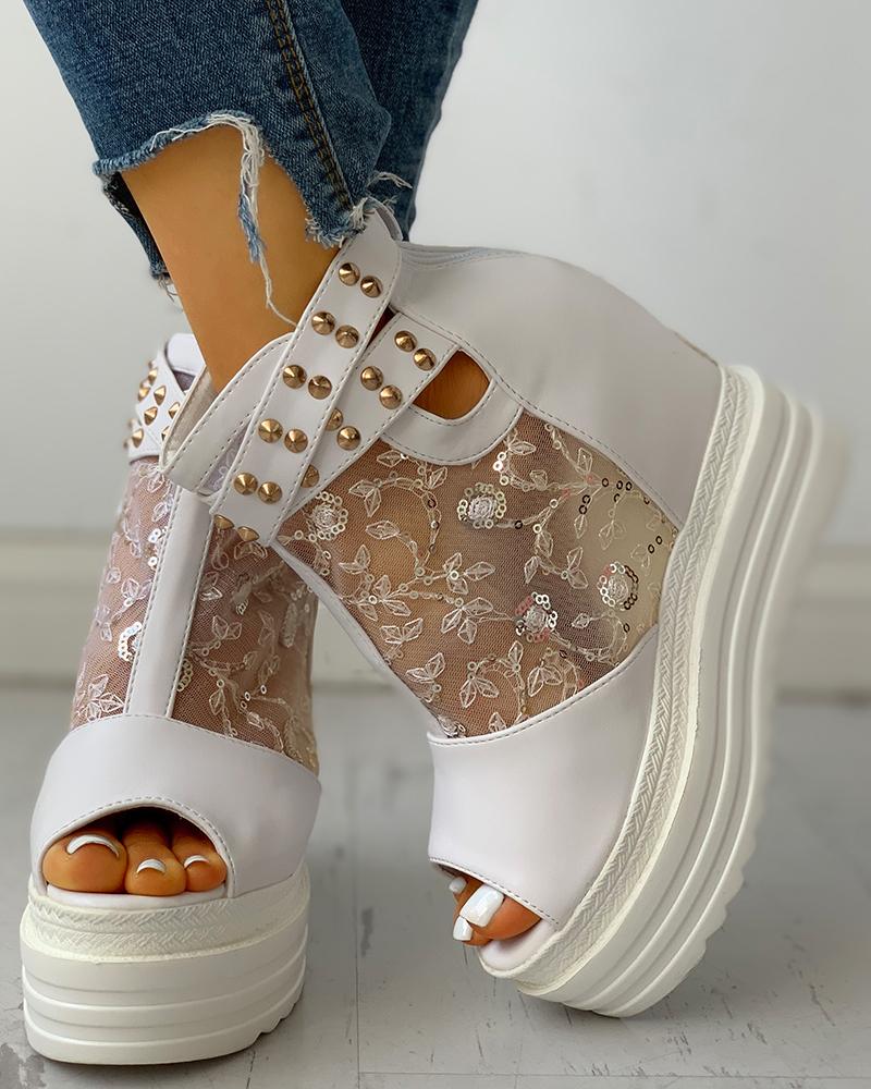 Mesh Lace Rivet Peep Toe Platform Sandals