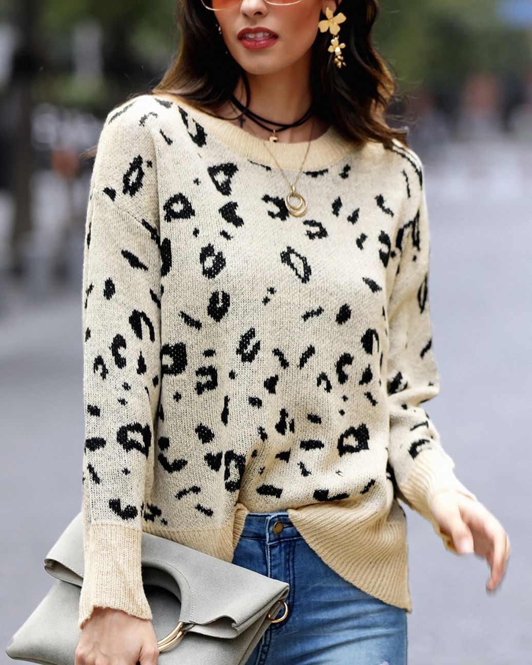Outlet26 Round Neck Leopard Print Casual Sweater Leopard