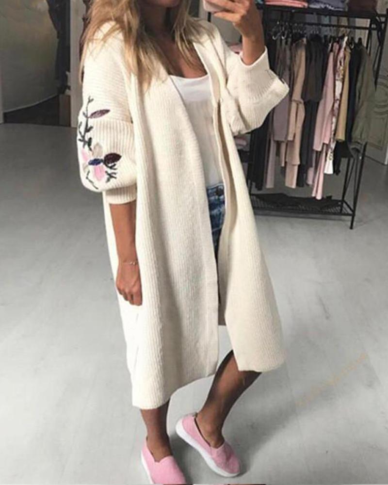 Outlet26 Oversized Embroidered Knitted Long Cardigan beige