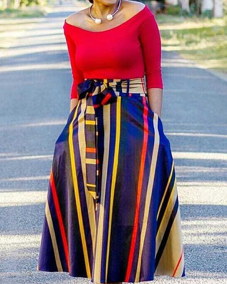 Contrast Stripes Pocket Design Belted Skirt