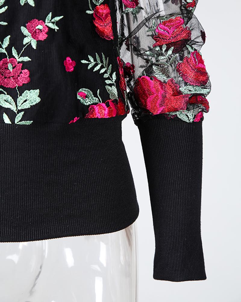 Floral Embroidery Puffed sleeve Mesh Blouse