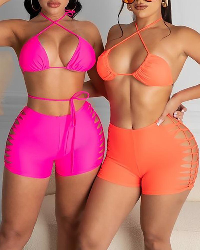 Halter Backless Cutout Bikini Set