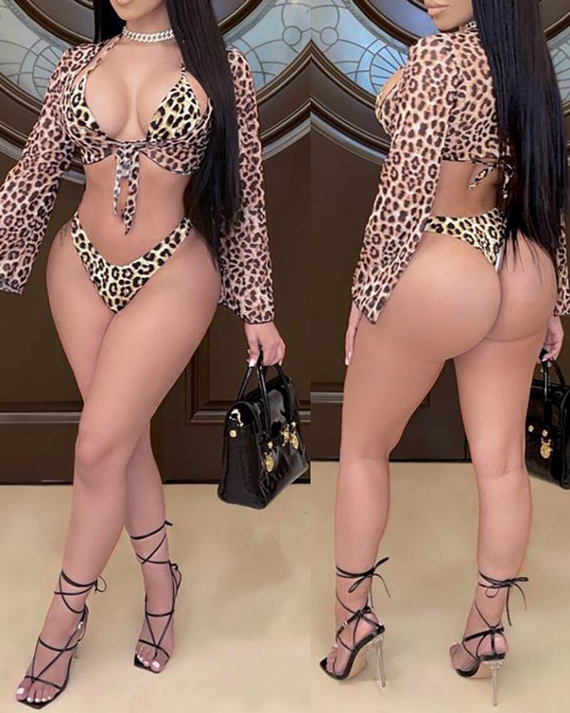 Leopard Print Spaghetti Strap Bikini Set With Cover Up
