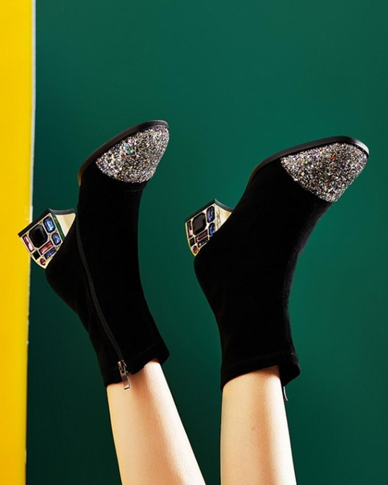 Square Toe Sequin Panel Ankle Boots