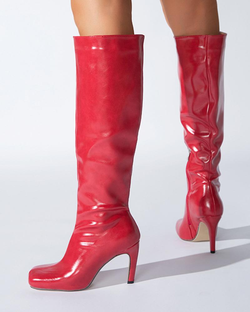Square-toe Solid Color Lacquered Leather High Heel Long Boots