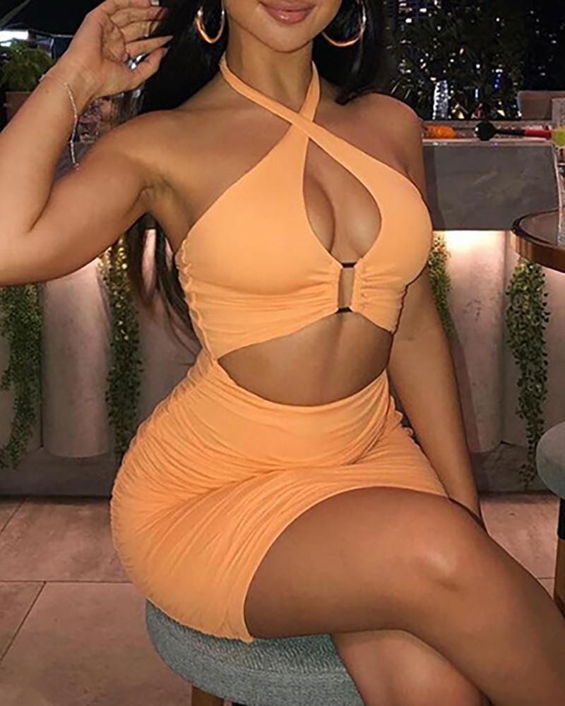 Halter Cutout Front Ruched Bodycon Dress
