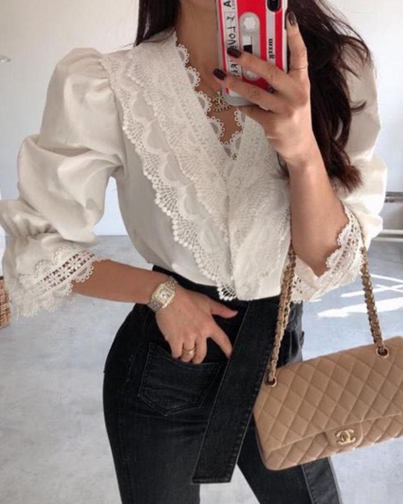 Outlet26 V Neck Long Sleeve Lace Top white