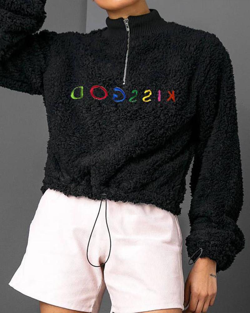 Embroidered Letter Faux Fur Sweatshirt