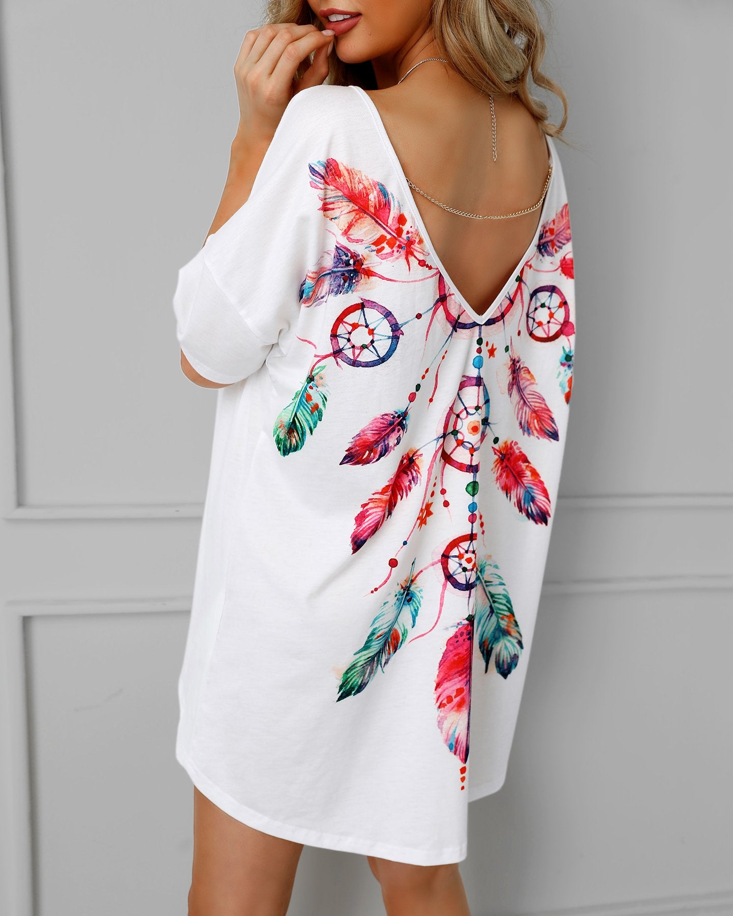 Outlet26 Feather Print Open Back Casual Blouse white