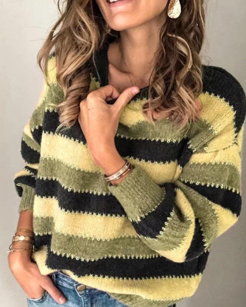 Round Neck Colorblock Long Sleeve Knitting Sweater