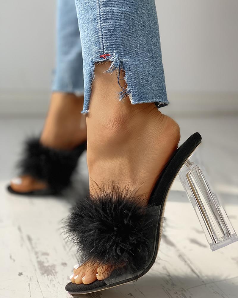 Fluffy Open Toe Transparent Chunky Heeled Sandals