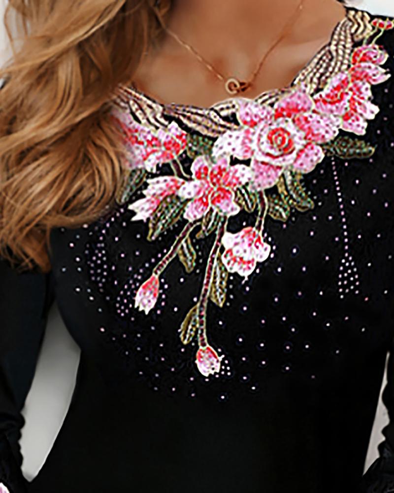 Flower Embroidery Studded Detail Blouse