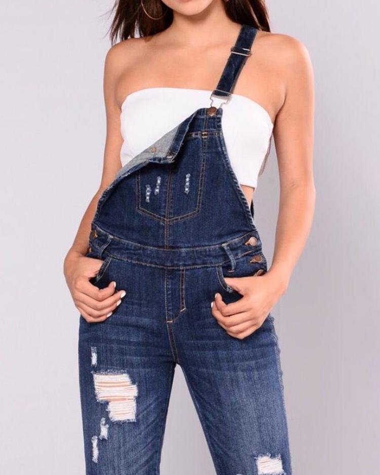 Plus Size Ripped Frayed Suspender Jeans