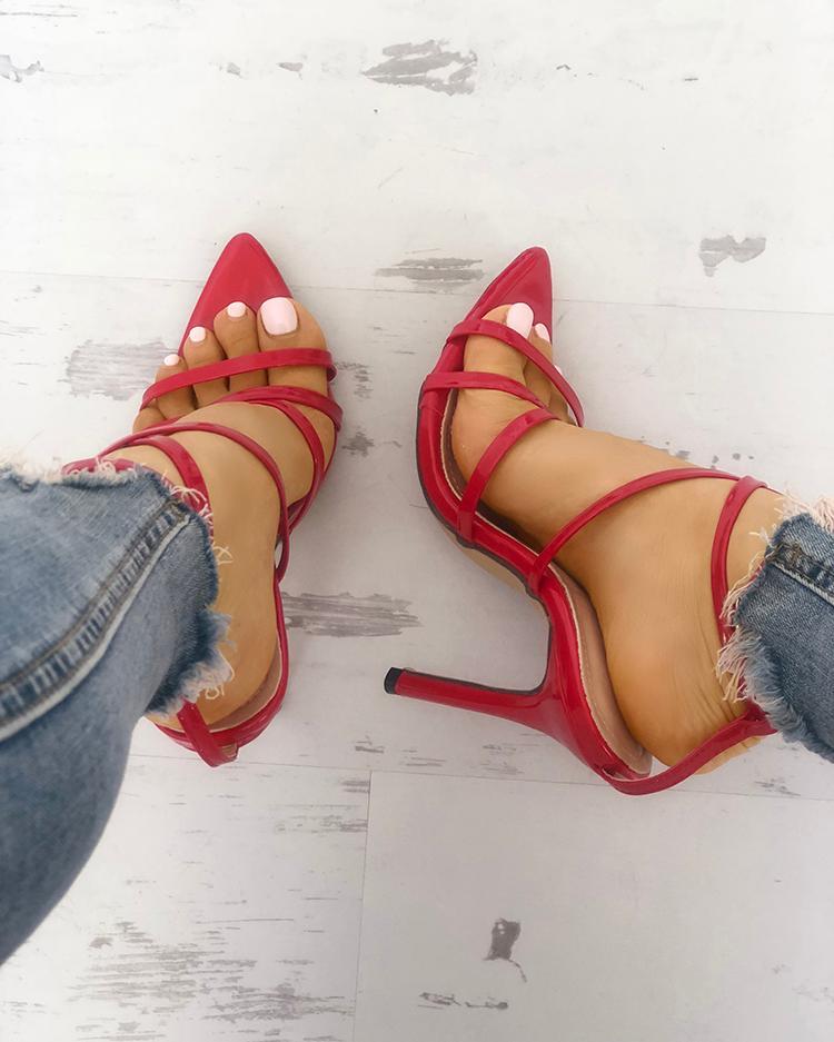 Solid Strappy Peep Toe Buckled Thin Heeled Sandals