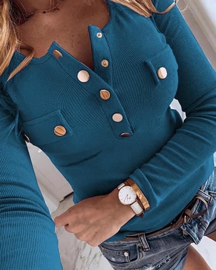 Buttoned Ribbed Long Sleeve Blouse