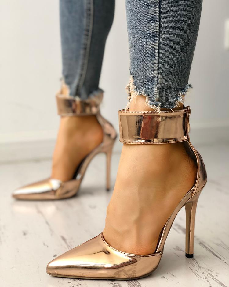 Solid Ankle Strap Pointed Toe Thin Heels