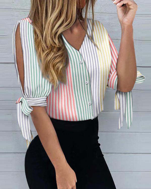 Colorful Stripe  Print Lantern Sleeve Shirt