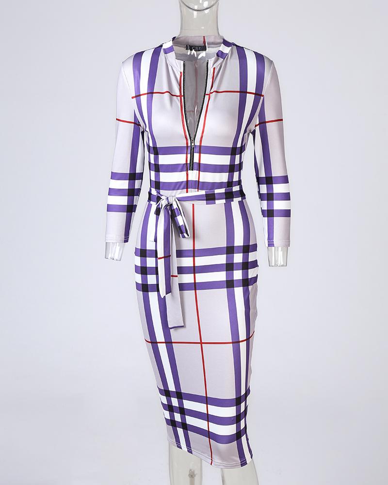 Grid Print Zip Front Midi Dress