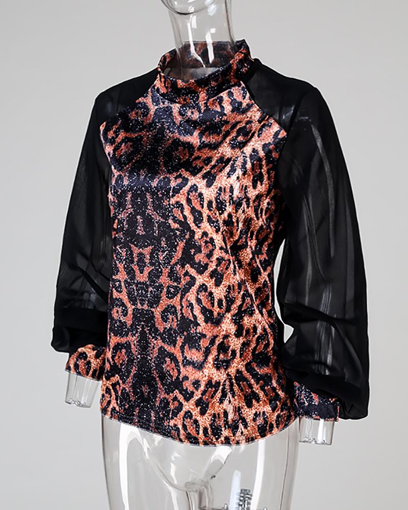 Leopard Mesh Long Sleeve Casual Blouse