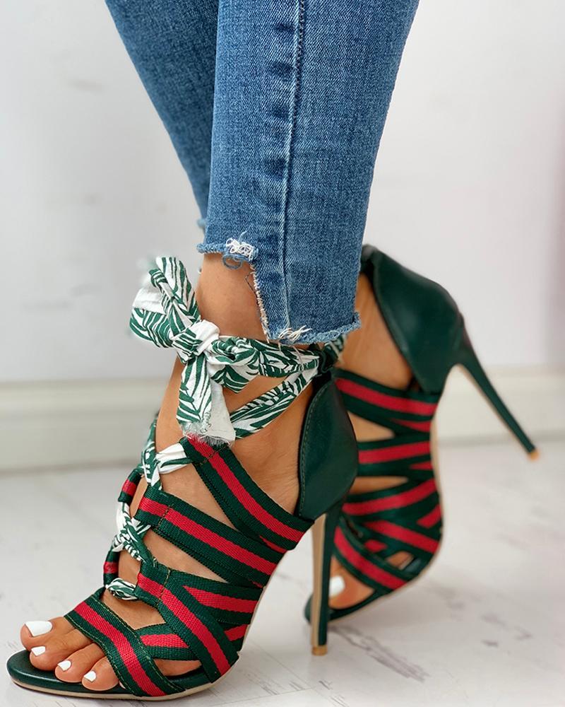 Colorblock Striped Lace-up Bowknot Thin Heeled Sandals