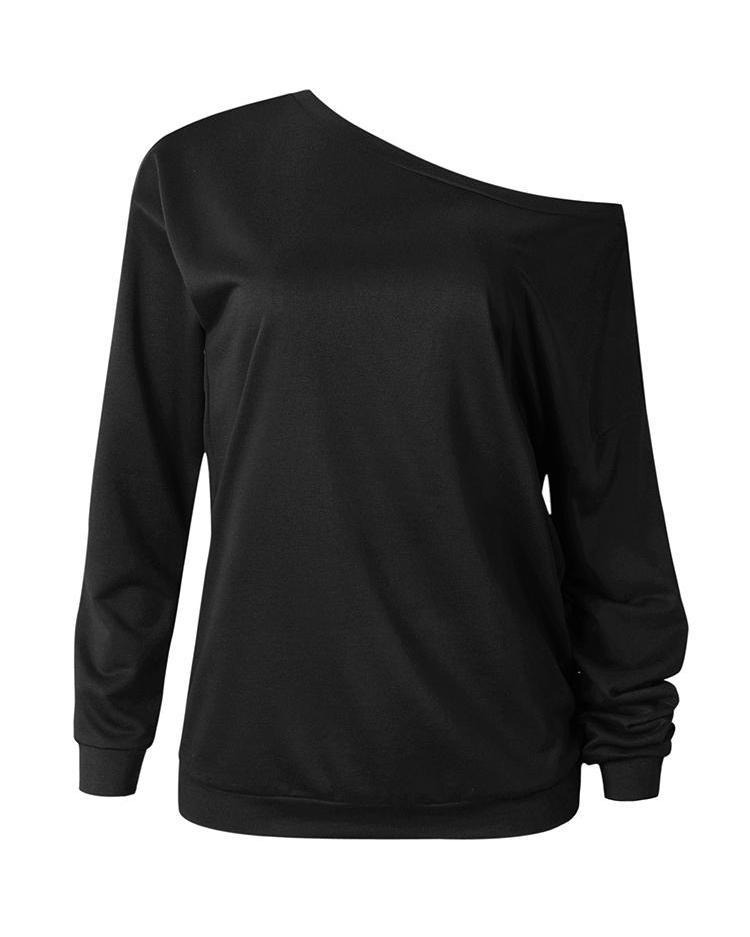 Solid Skew Neck Long Sleeve Casual T-Shirt