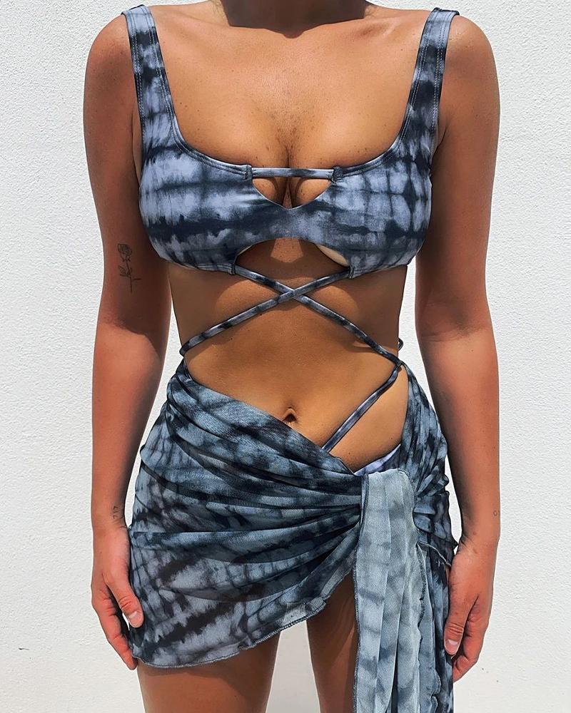 Tie Dye Print Cut-out Lace-up 3-Piece Bikini Sets