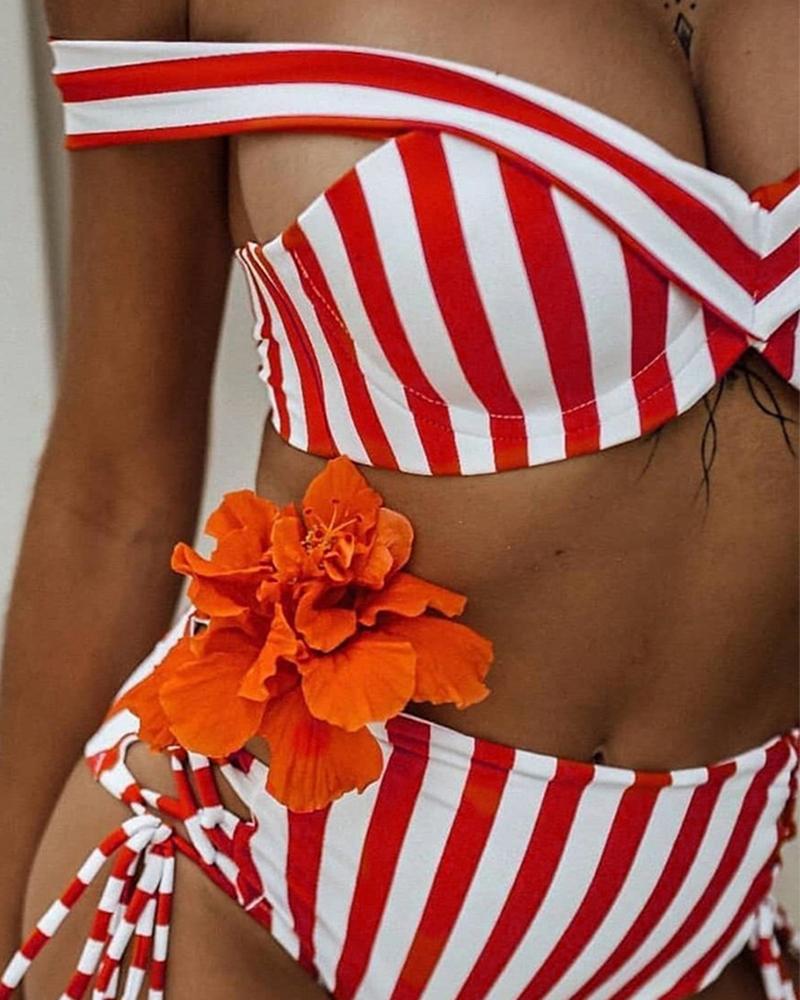 Color Block Striped Off Shoulder Sleeveless 2-Piece Bikini Sets