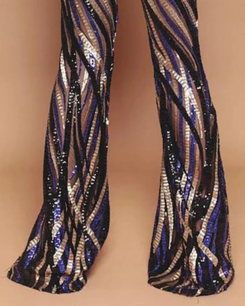Glitter High Waist Bell-bottomed Styleblock Striped Sequins Pants