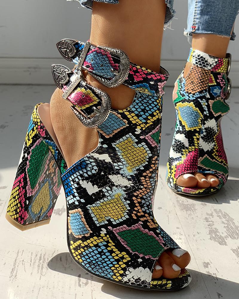Outlet26 Snakeskin Ankle Buckled Chunky Heels Multicolor