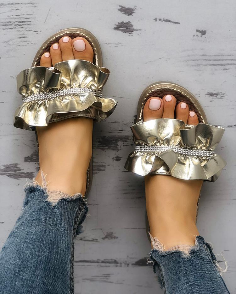 Outlet26 Shiny Embellished Ruffles Peep Toe Sandals gold