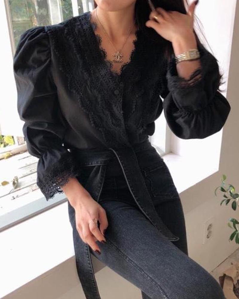 V Neck Long Sleeve Lace Top